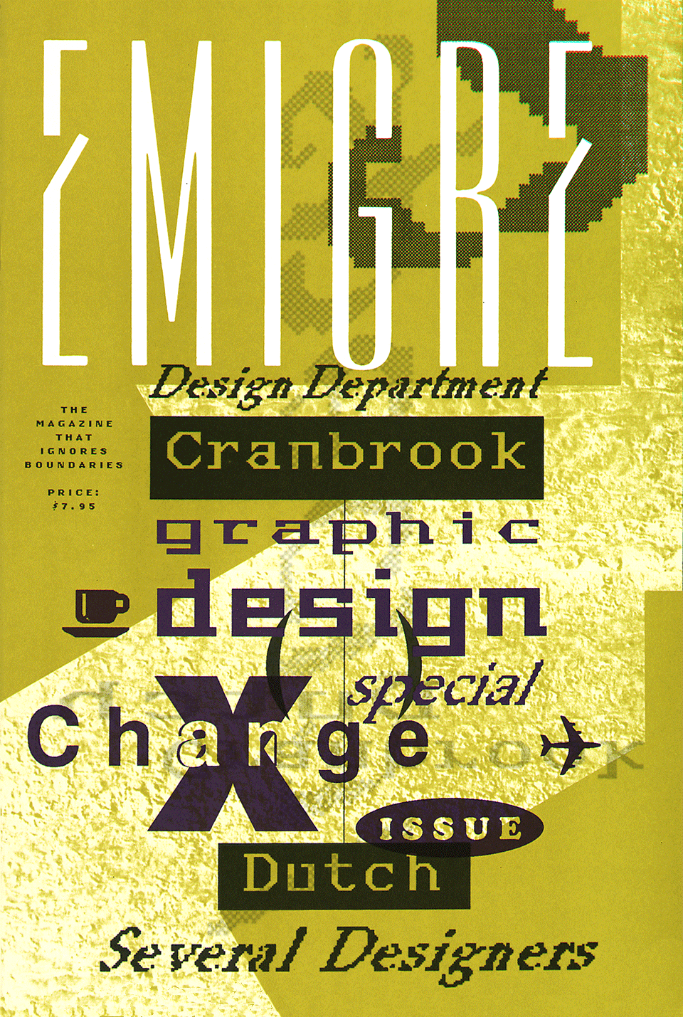 Emigre magazine cover with layered typography, geometric forms, and experimental visual hierarchy